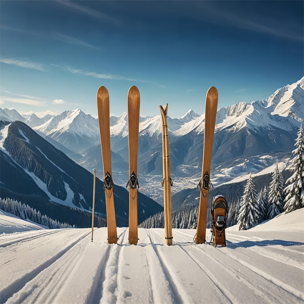 Wooden Skis Winter Mountain Landscape Backdrop UK BRP9-304