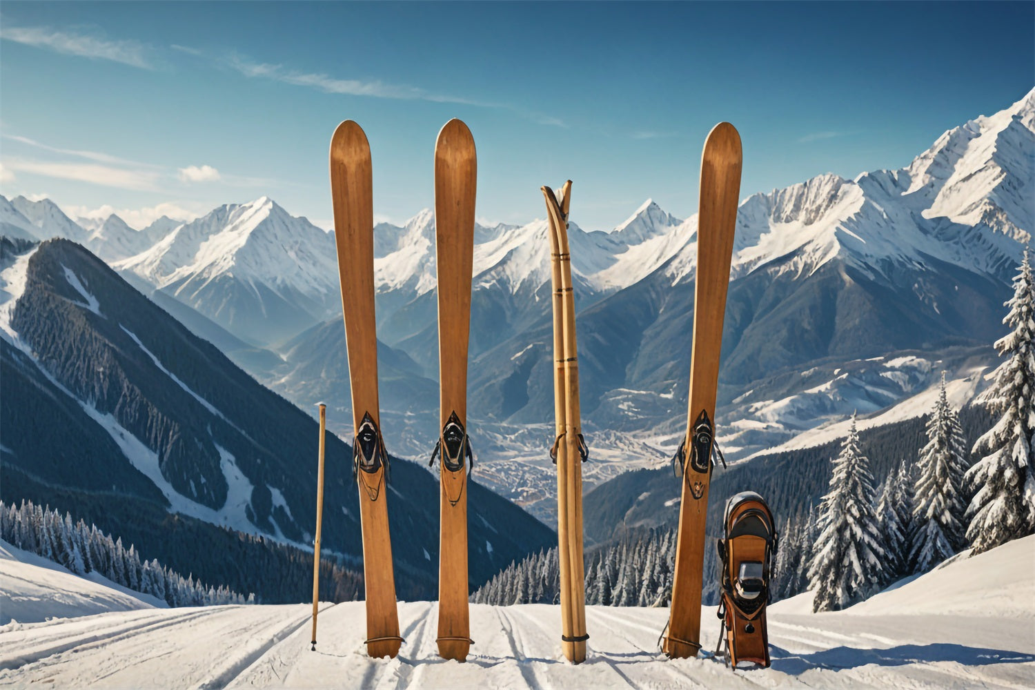 Wooden Skis Winter Mountain Landscape Backdrop UK BRP9-304