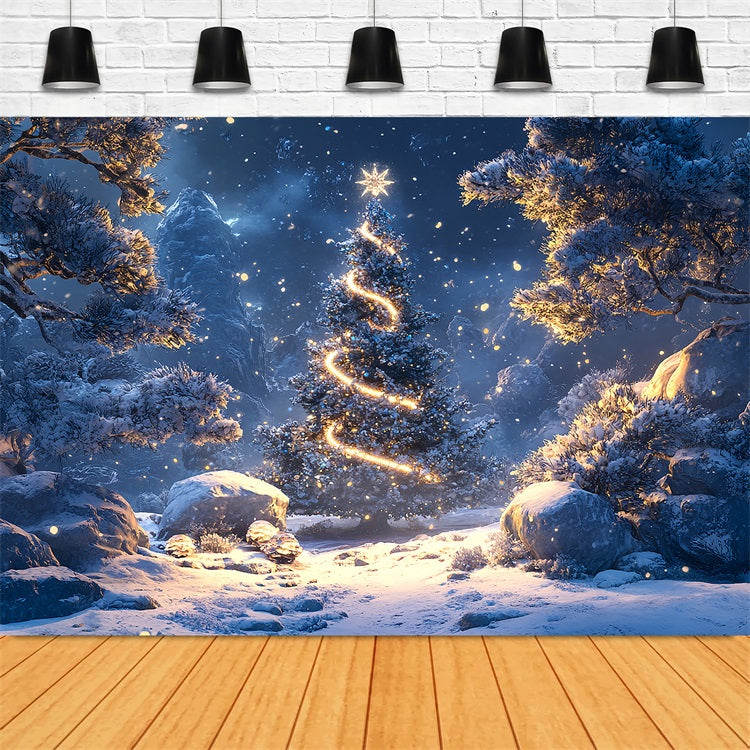 Glowing Fir Tree Winter Forest Night Backdrop UK BRP9-307