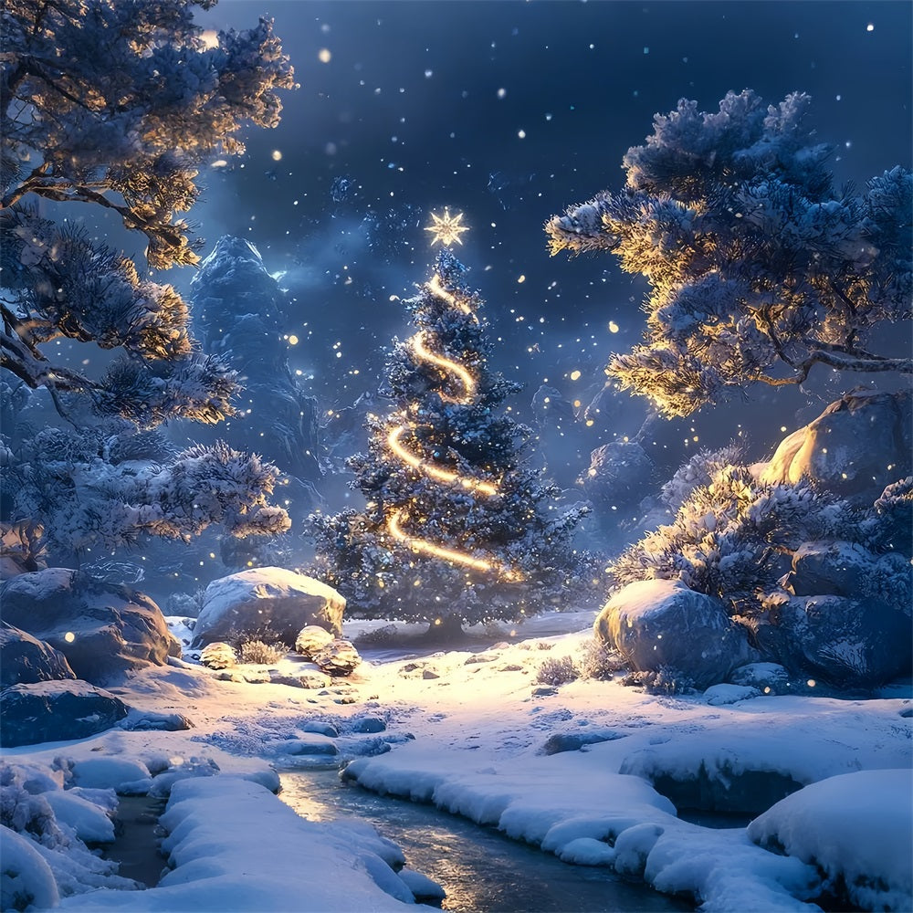 Glowing Fir Tree Winter Forest Night Backdrop UK BRP9-307