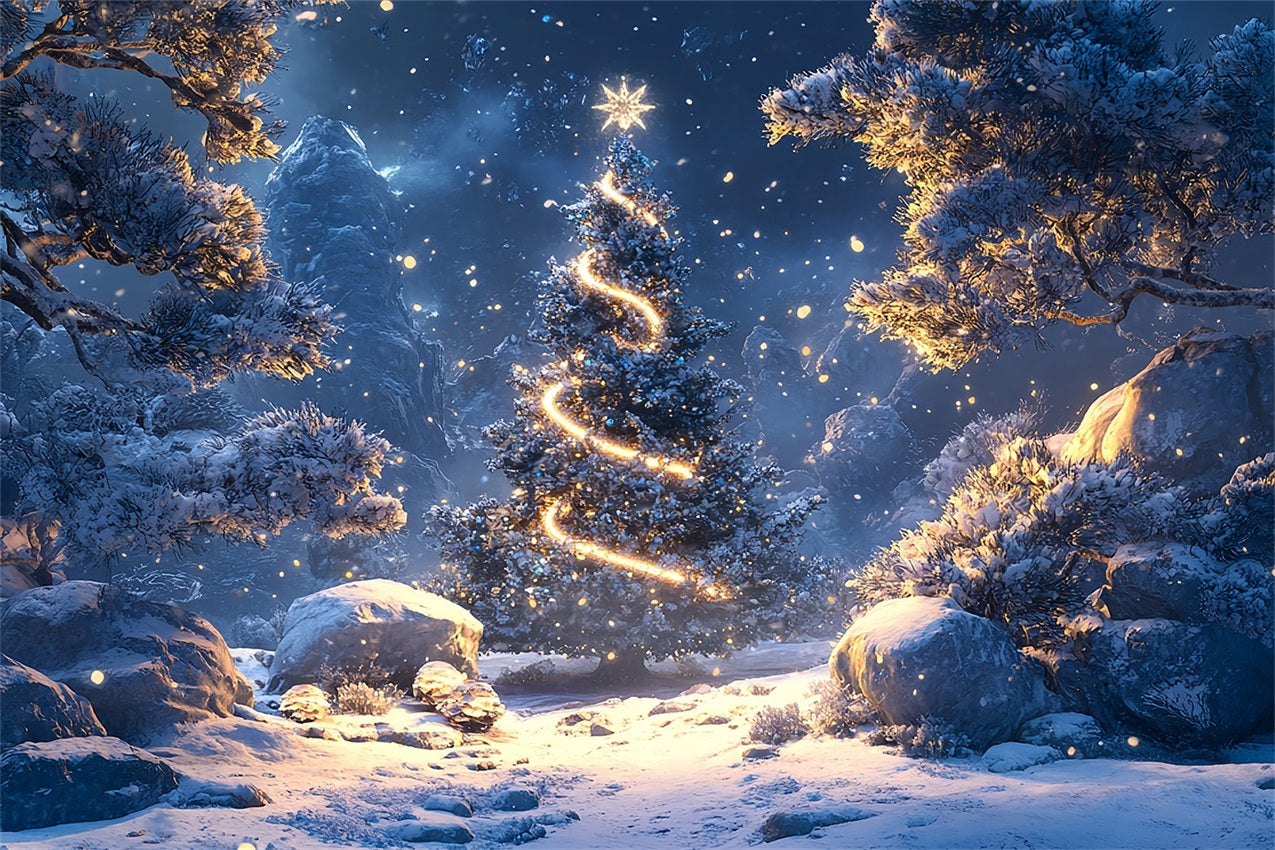 Glowing Fir Tree Winter Forest Night Backdrop UK BRP9-307