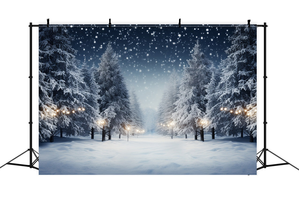 Winter Snowy Night Pine Trees Photography Backdrop UK BRP9-312