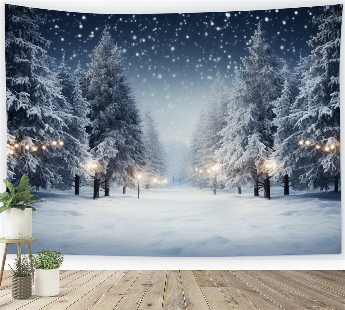 Winter Snowy Night Pine Trees Photography Backdrop UK BRP9-312