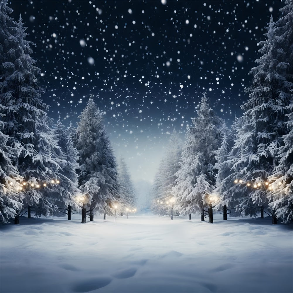 Winter Snowy Night Pine Trees Photography Backdrop UK BRP9-312