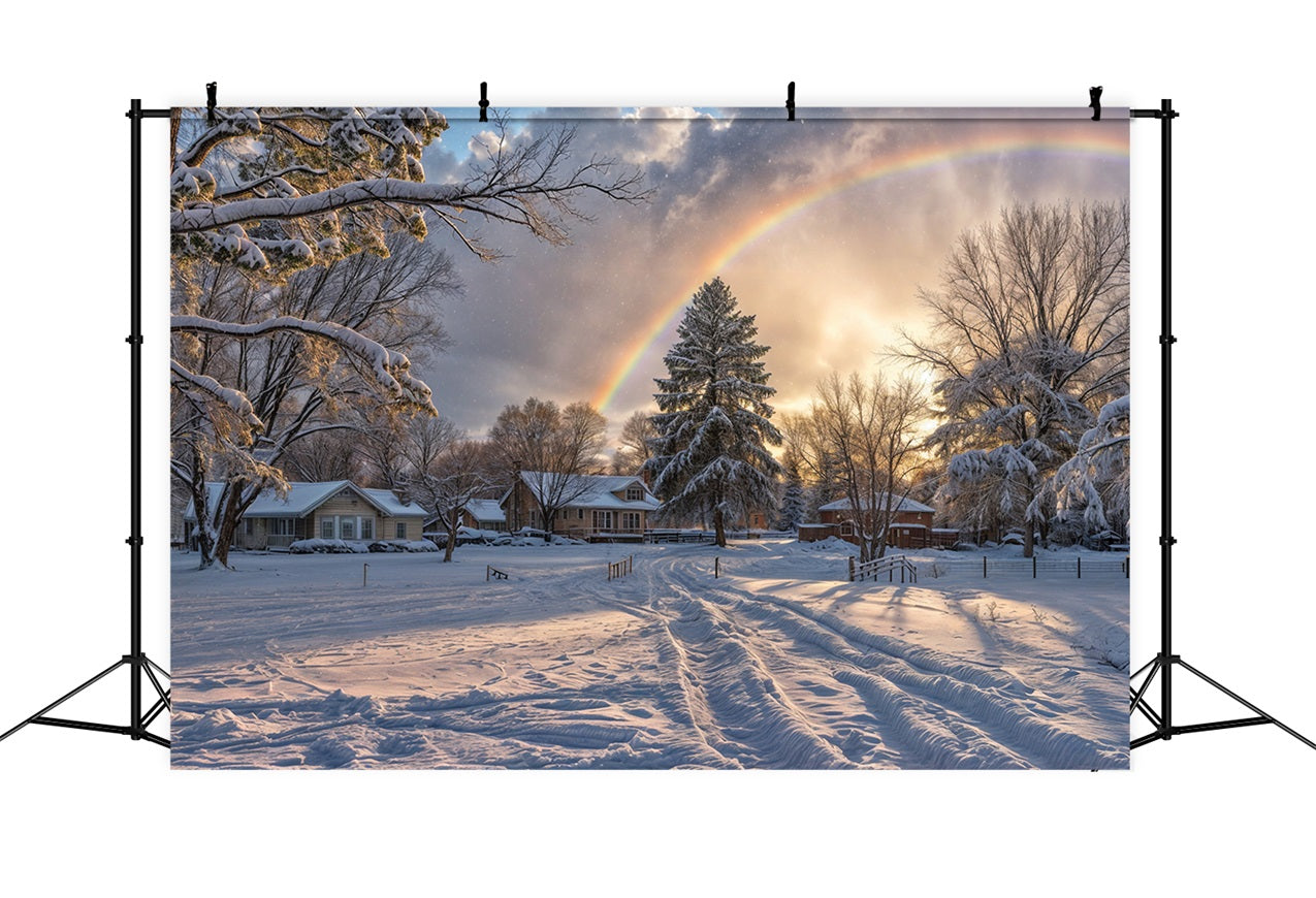 Snowy Horizon Rainbow Over Frosty Trees Backdrop UK BRP9-327