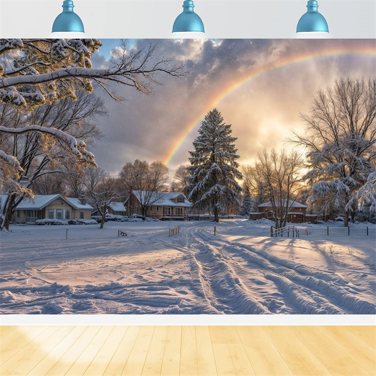 Snowy Horizon Rainbow Over Frosty Trees Backdrop UK BRP9-327