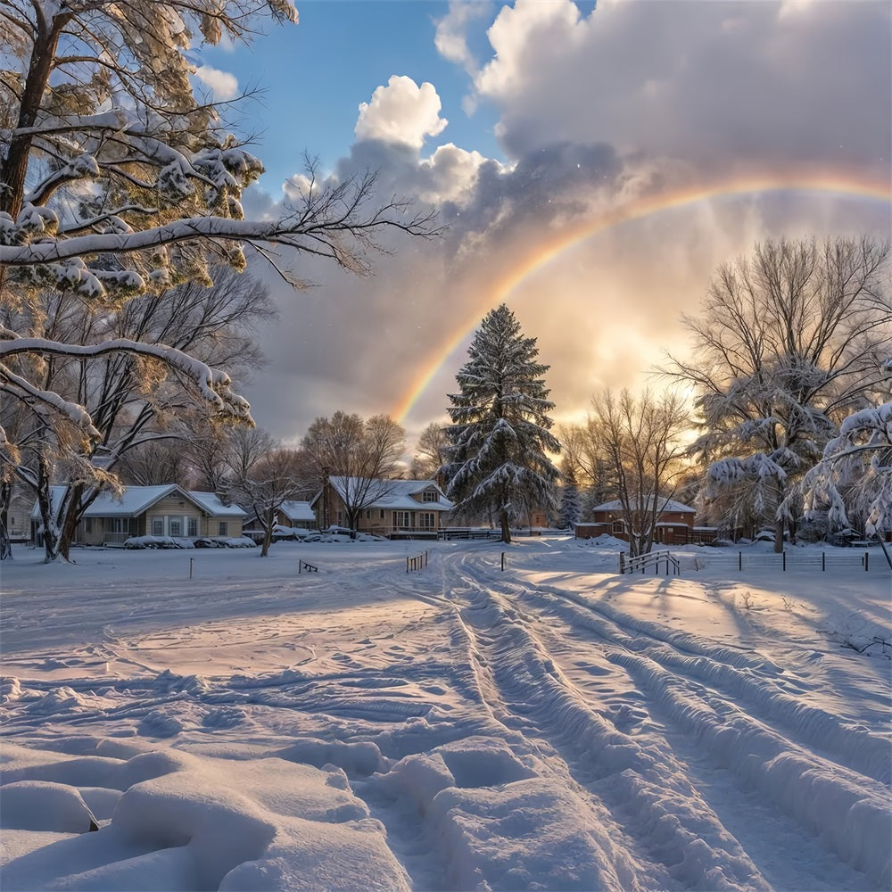 Snowy Horizon Rainbow Over Frosty Trees Backdrop UK BRP9-327