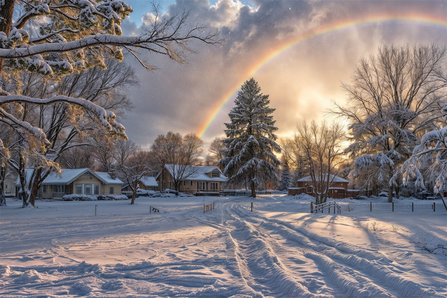 Snowy Horizon Rainbow Over Frosty Trees Backdrop UK BRP9-327