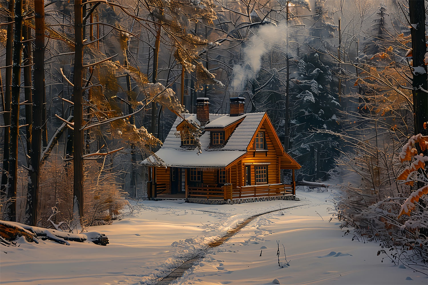 Cozy Log Cabin Snowy Winter Wonderland Backdrop UK BRP9-328