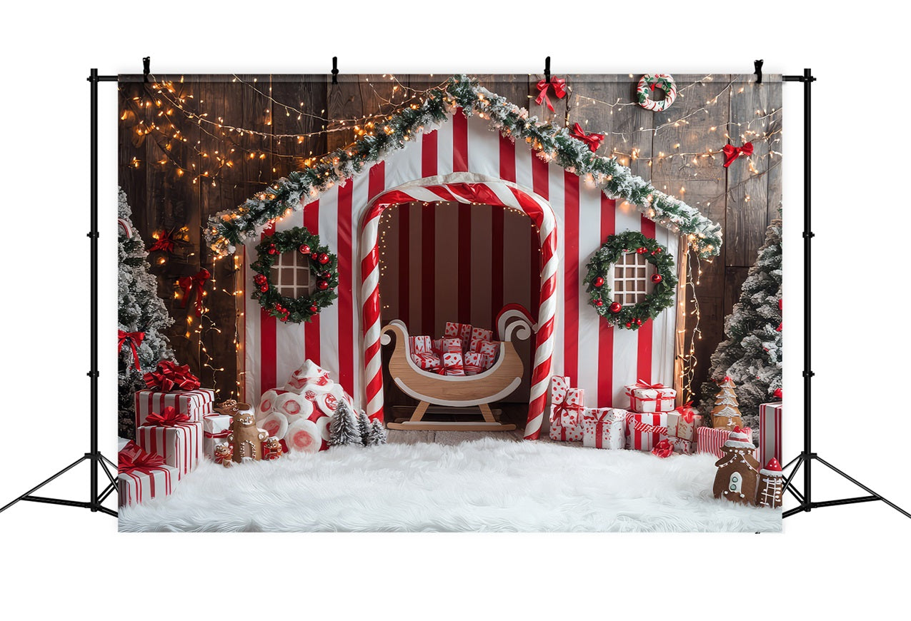 Winter Whimsical Candy Cane Striped House Backdrop UK BRP9-331