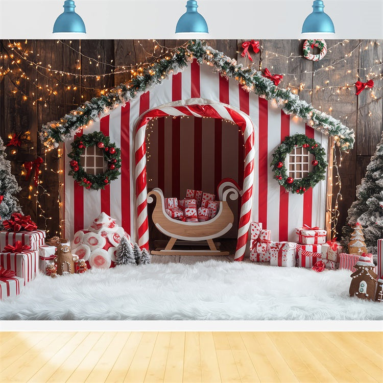 Winter Whimsical Candy Cane Striped House Backdrop UK BRP9-331