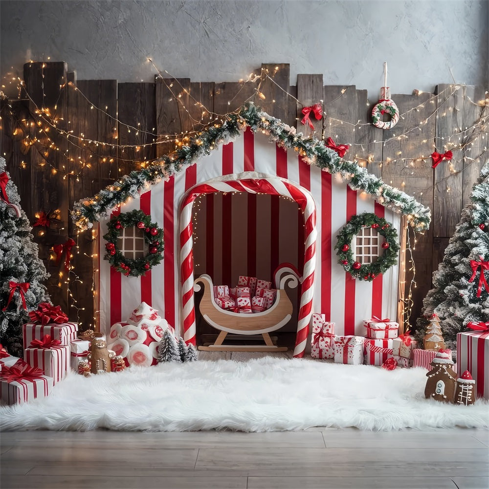 Winter Whimsical Candy Cane Striped House Backdrop UK BRP9-331