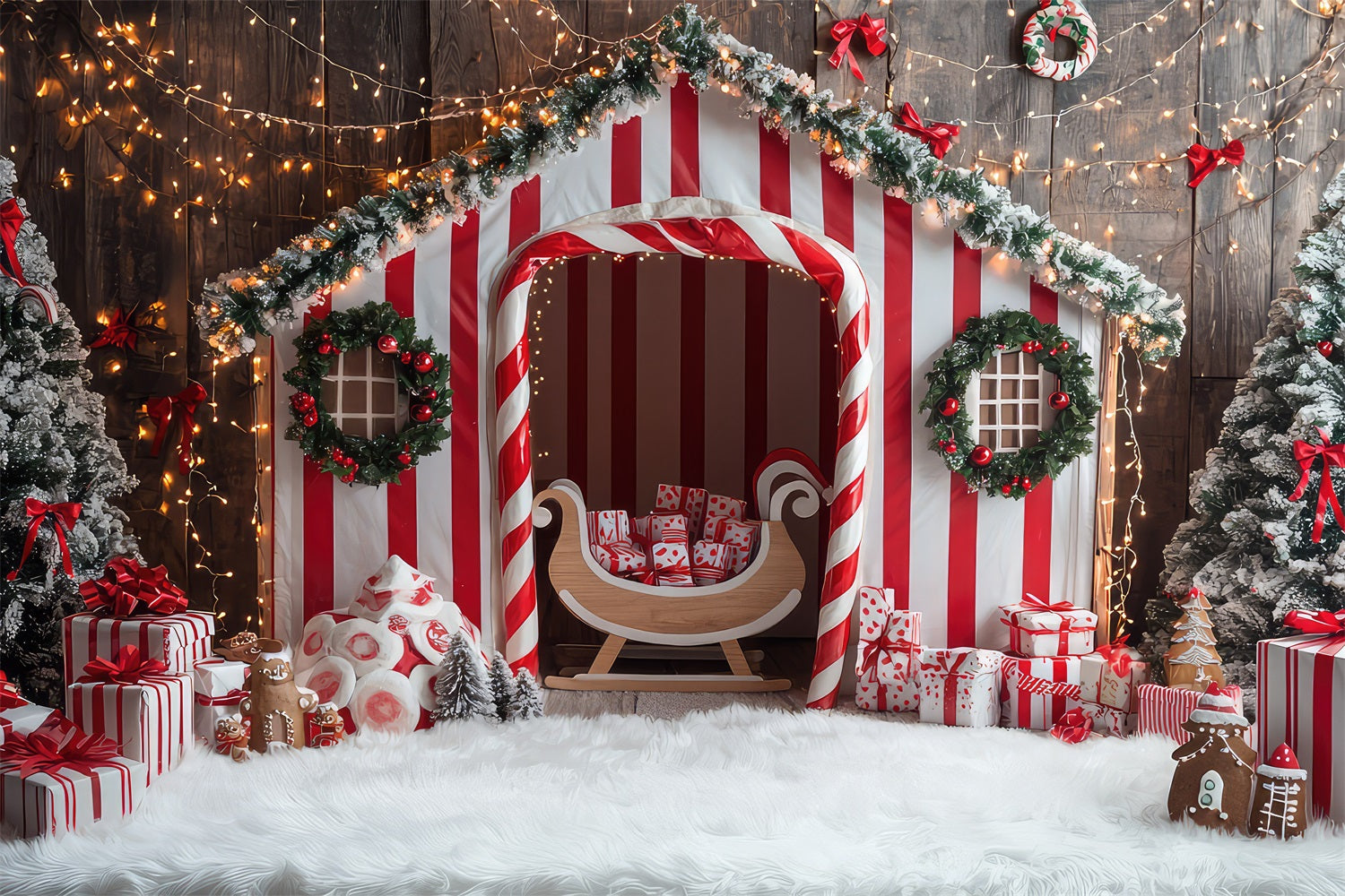 Winter Whimsical Candy Cane Striped House Backdrop UK BRP9-331