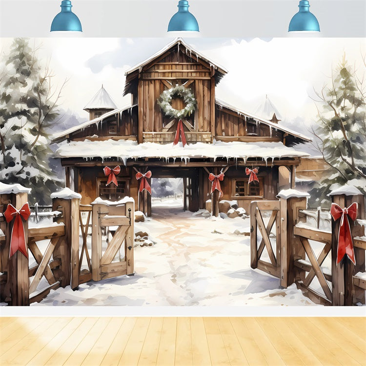 Winter Barnyard Wreath Snow Covered Path Backdrop UK BRP9-336