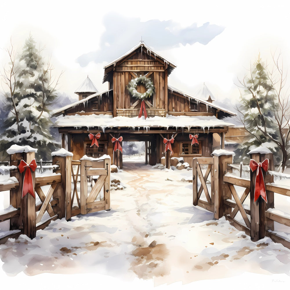 Winter Barnyard Wreath Snow Covered Path Backdrop UK BRP9-336