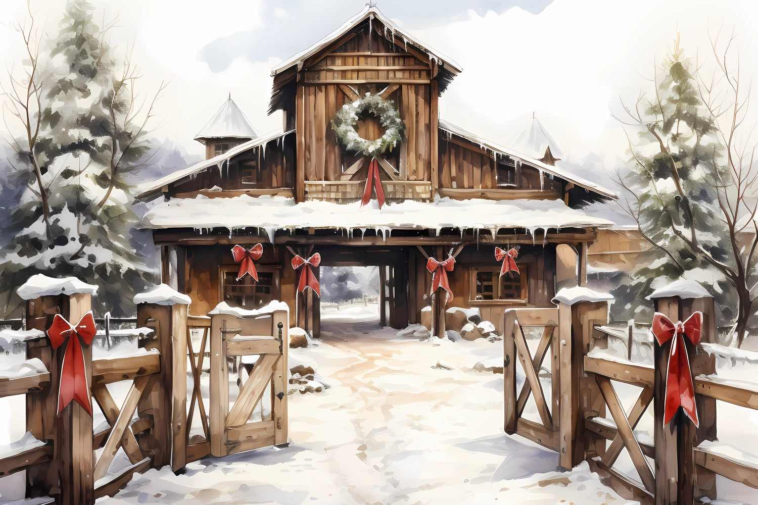 Winter Barnyard Wreath Snow Covered Path Backdrop UK BRP9-336