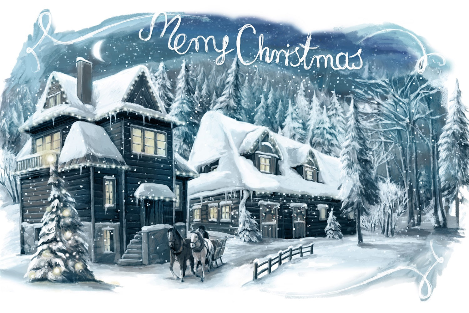 Charming Winter Cabin Snowfall Christmas Backdrop UK BRP9-349