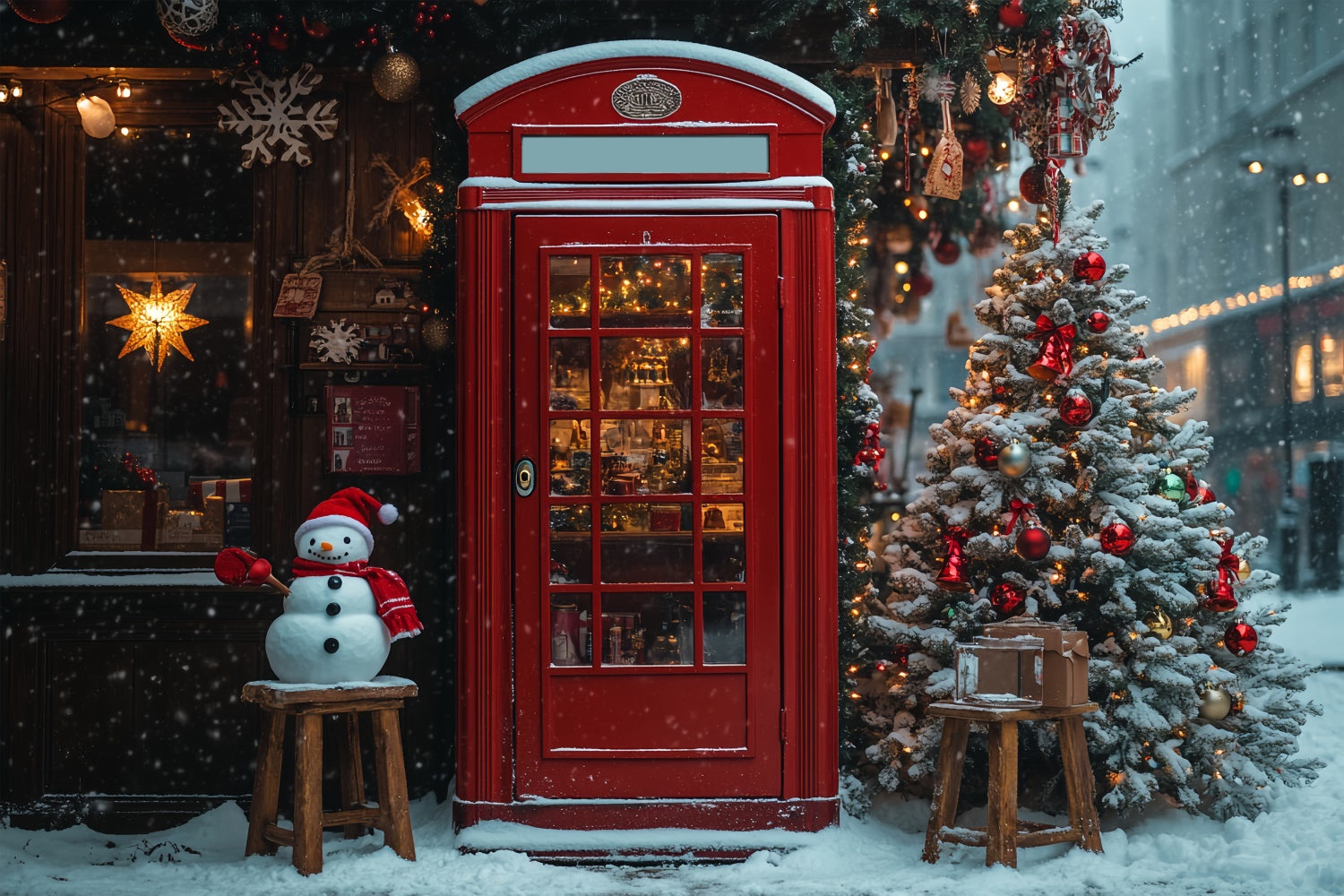 Snowy Christmas Market Red Door Backdrop for Pictures UK BRP9-35