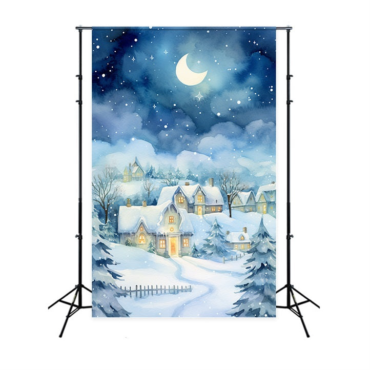 Moonlight Snow Covered Cozy Winter Cottage Backdrop UK BRP9-352