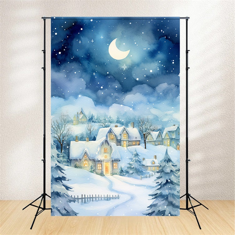 Moonlight Snow Covered Cozy Winter Cottage Backdrop UK BRP9-352