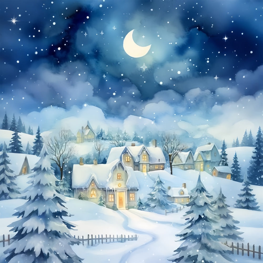 Moonlight Snow Covered Cozy Winter Cottage Backdrop UK BRP9-352