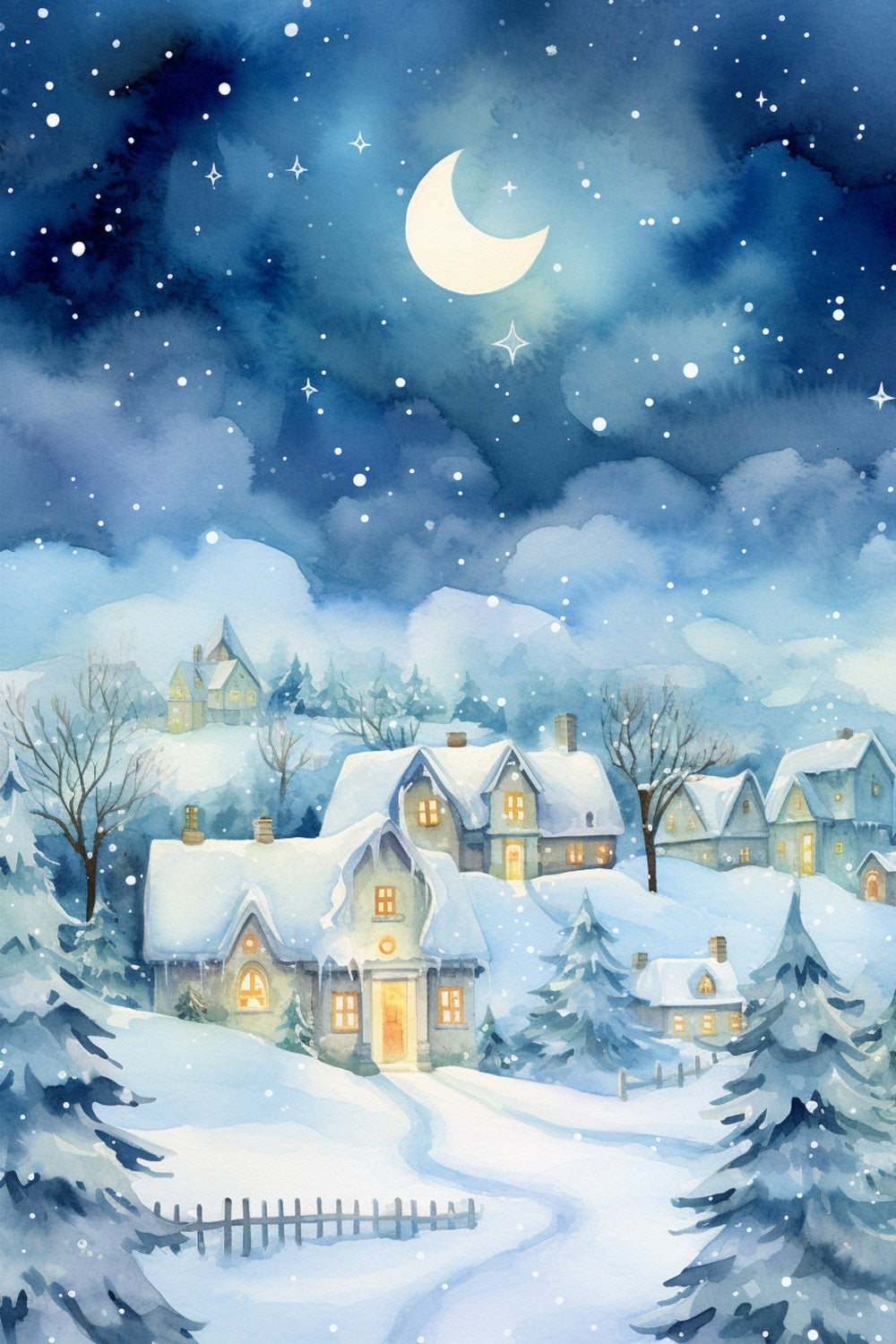 Moonlight Snow Covered Cozy Winter Cottage Backdrop UK BRP9-352