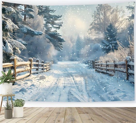 Winter Fence Snowy Woodland Road Backdrop UK BRP9-356