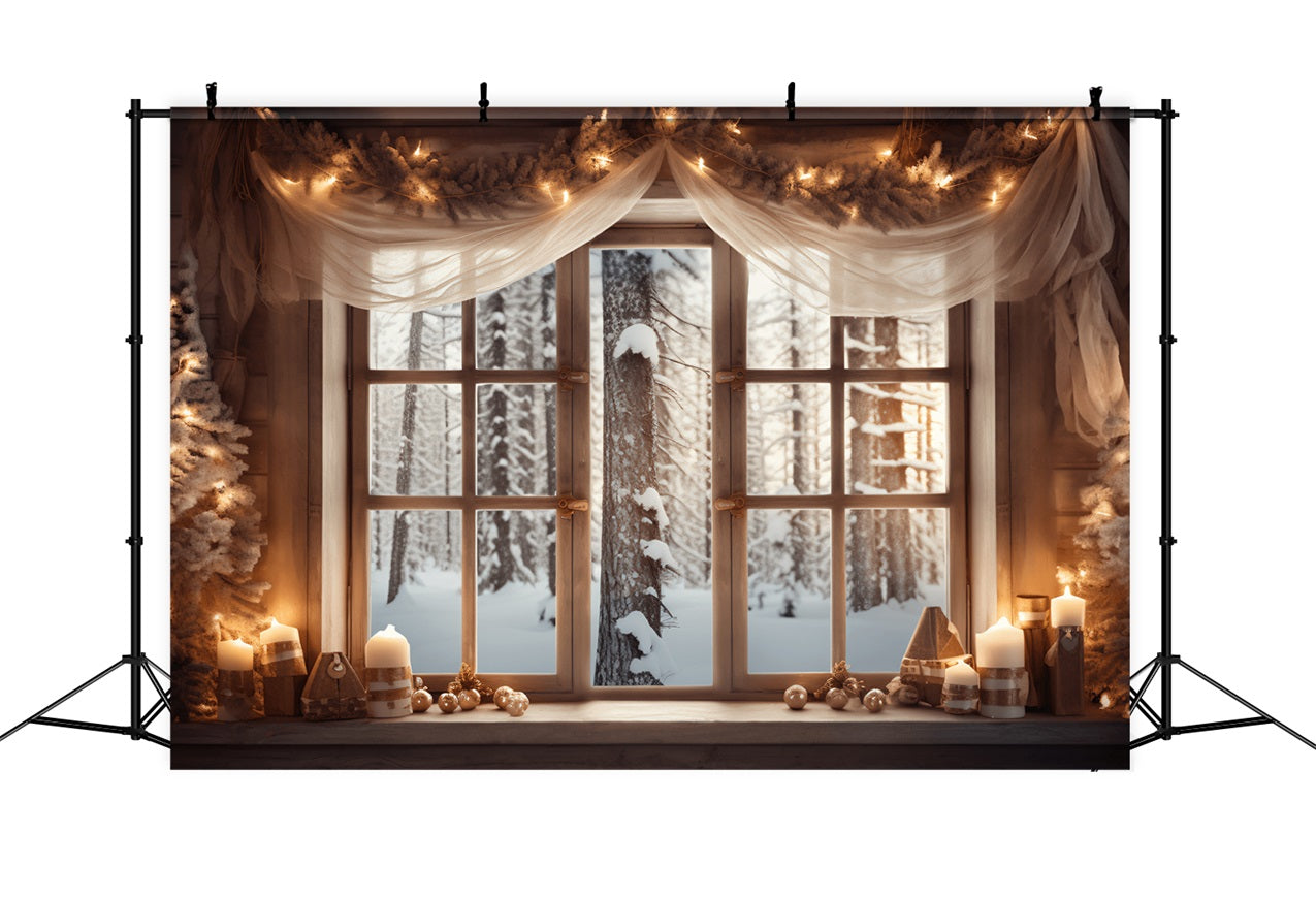 Frosty Forest View Decorated Cabin Window Backdrop UK BRP9-361