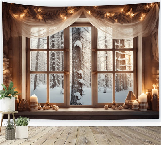 Frosty Forest View Decorated Cabin Window Backdrop UK BRP9-361