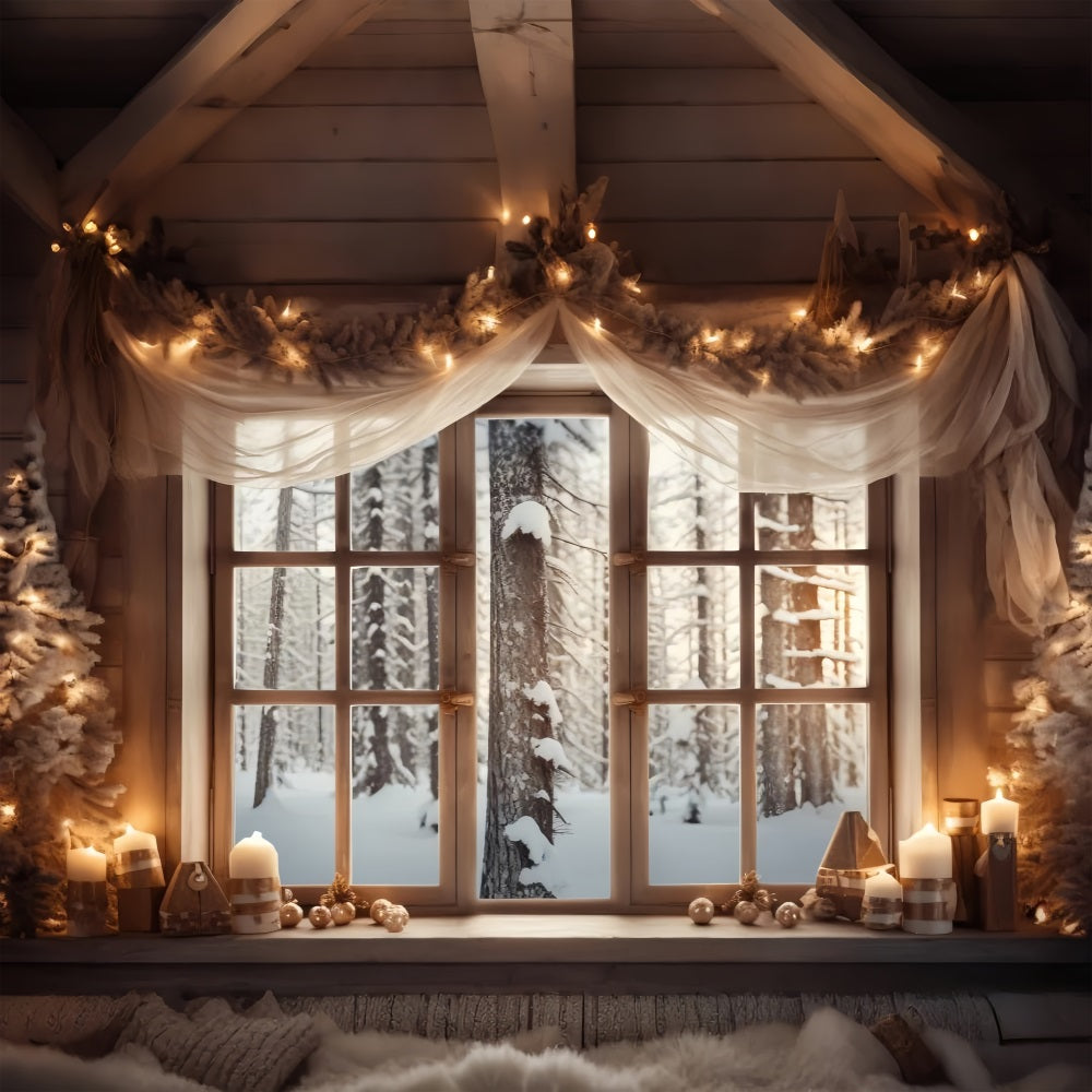 Frosty Forest View Decorated Cabin Window Backdrop UK BRP9-361