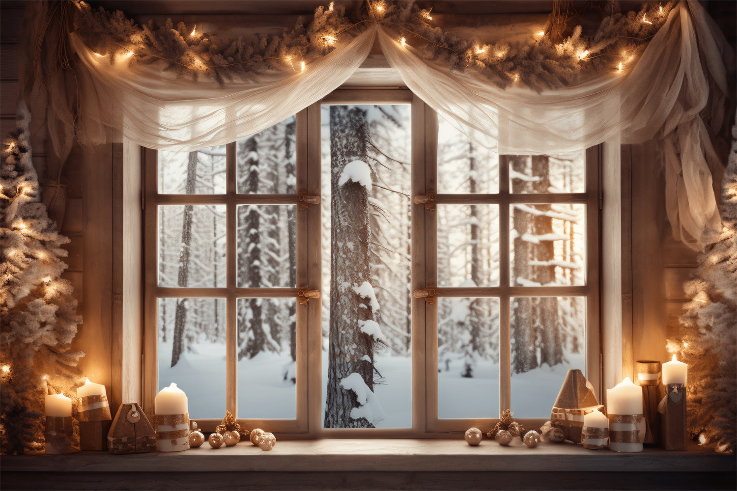 Frosty Forest View Decorated Cabin Window Backdrop UK BRP9-361