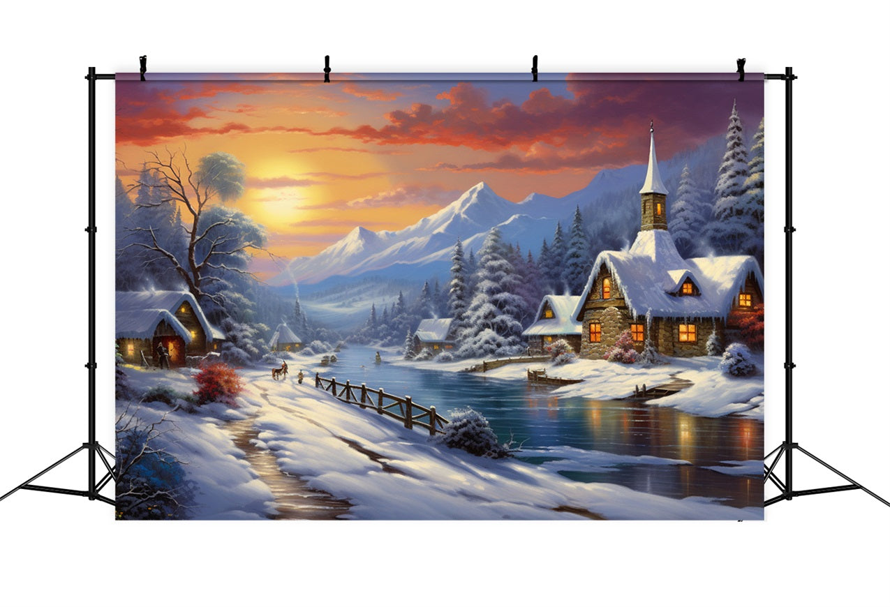 Winter Sunset Over Snowy Mountain Village Backdrop UK BRP9-362