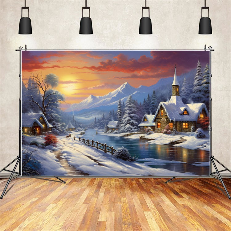 Winter Sunset Over Snowy Mountain Village Backdrop UK BRP9-362