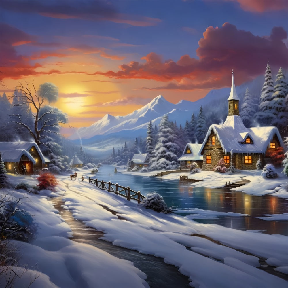 Winter Sunset Over Snowy Mountain Village Backdrop UK BRP9-362