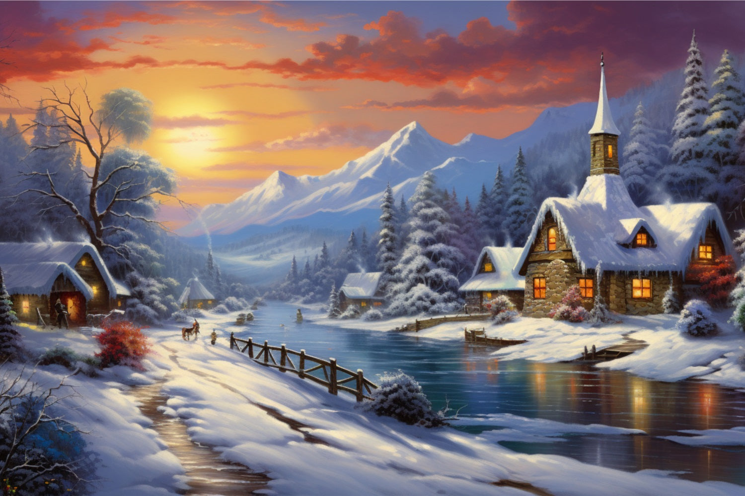 Winter Sunset Over Snowy Mountain Village Backdrop UK BRP9-362