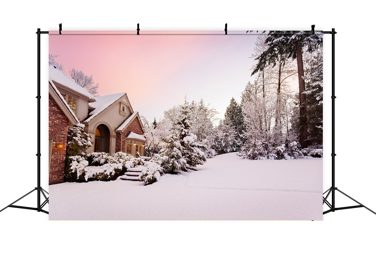 Winter Snowy Country House Pink Sunset Backdrop UK BRP9-363