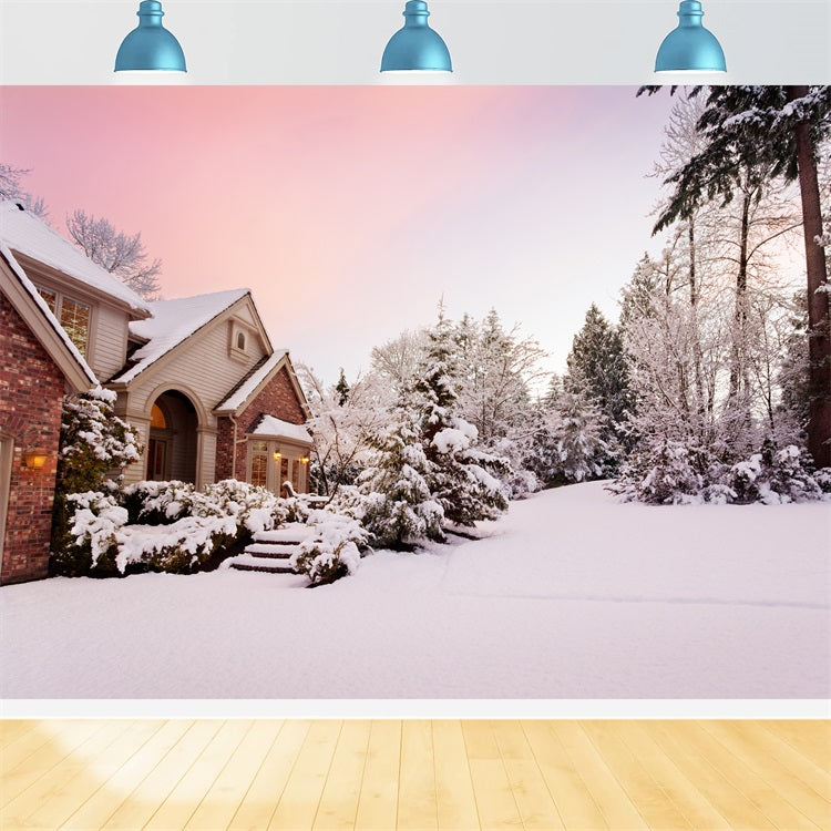 Winter Snowy Country House Pink Sunset Backdrop UK BRP9-363