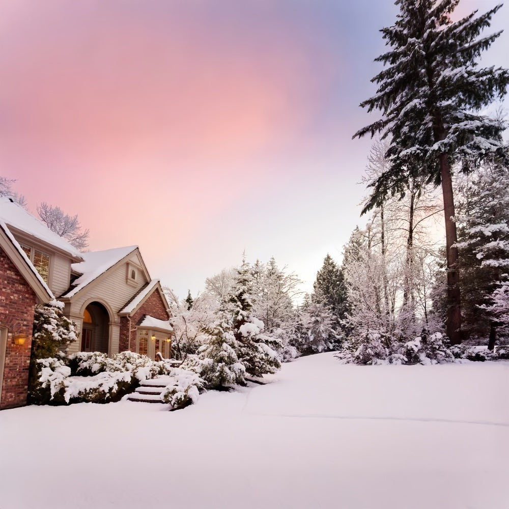 Winter Snowy Country House Pink Sunset Backdrop UK BRP9-363