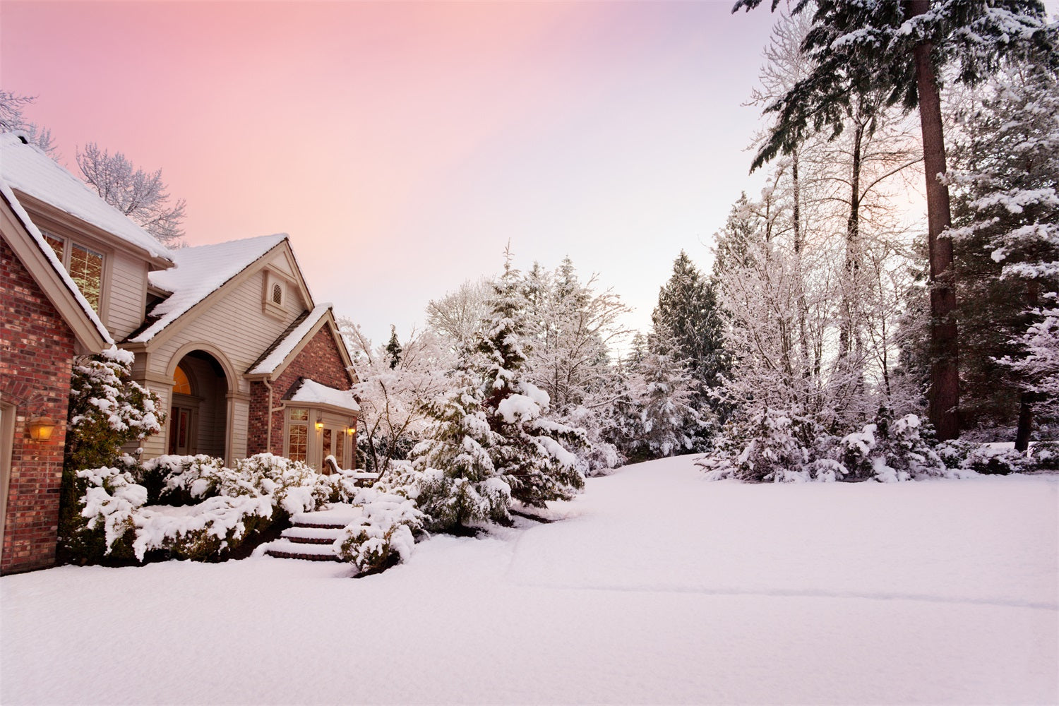 Winter Snowy Country House Pink Sunset Backdrop UK BRP9-363