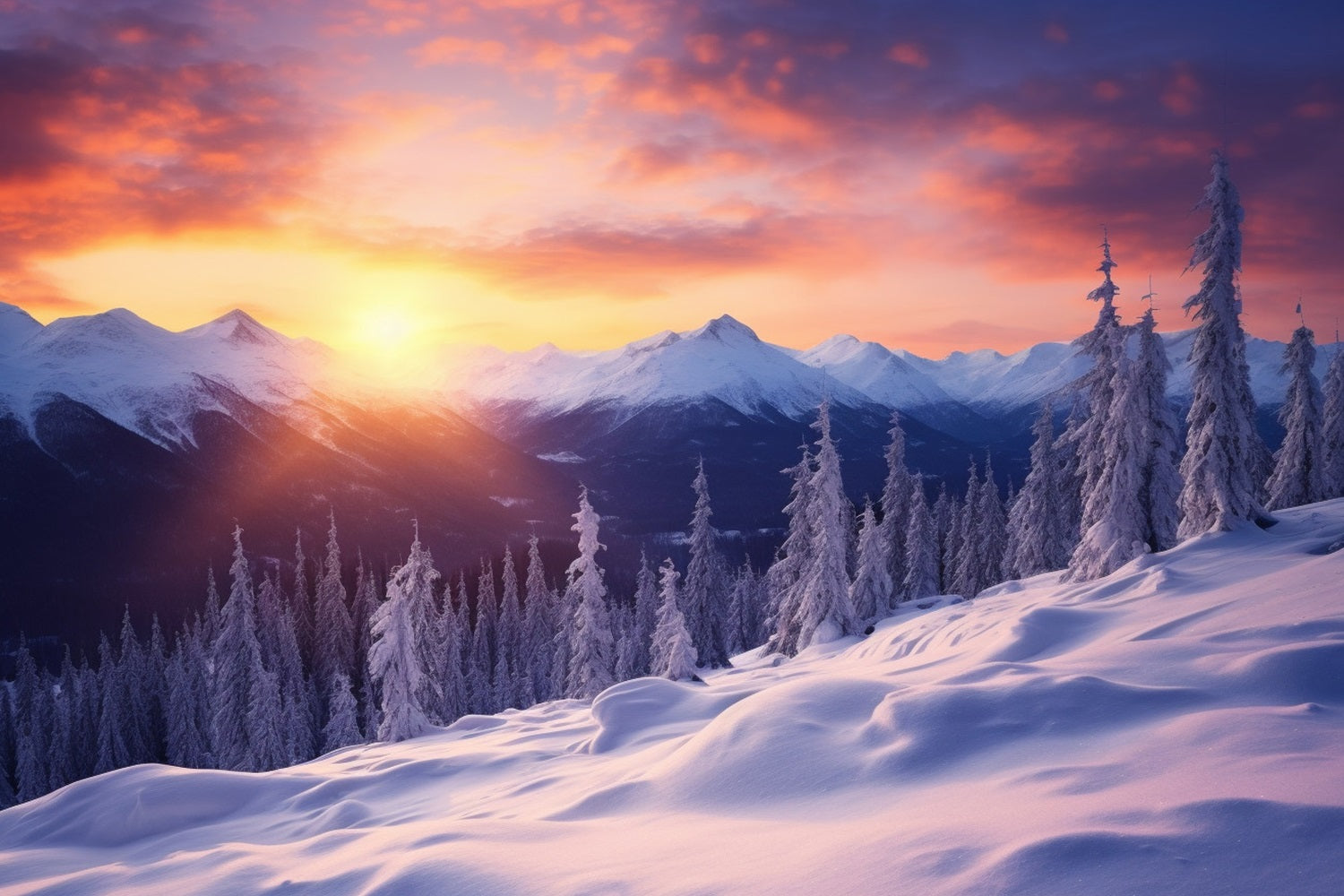 Winter Glow Snowy Forest Mountain Peaks Backdrop UK BRP9-366