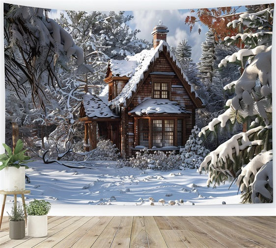 Winter Fairy Tale Cabin Amid Frosty Pines Backdrop UK BRP9-367