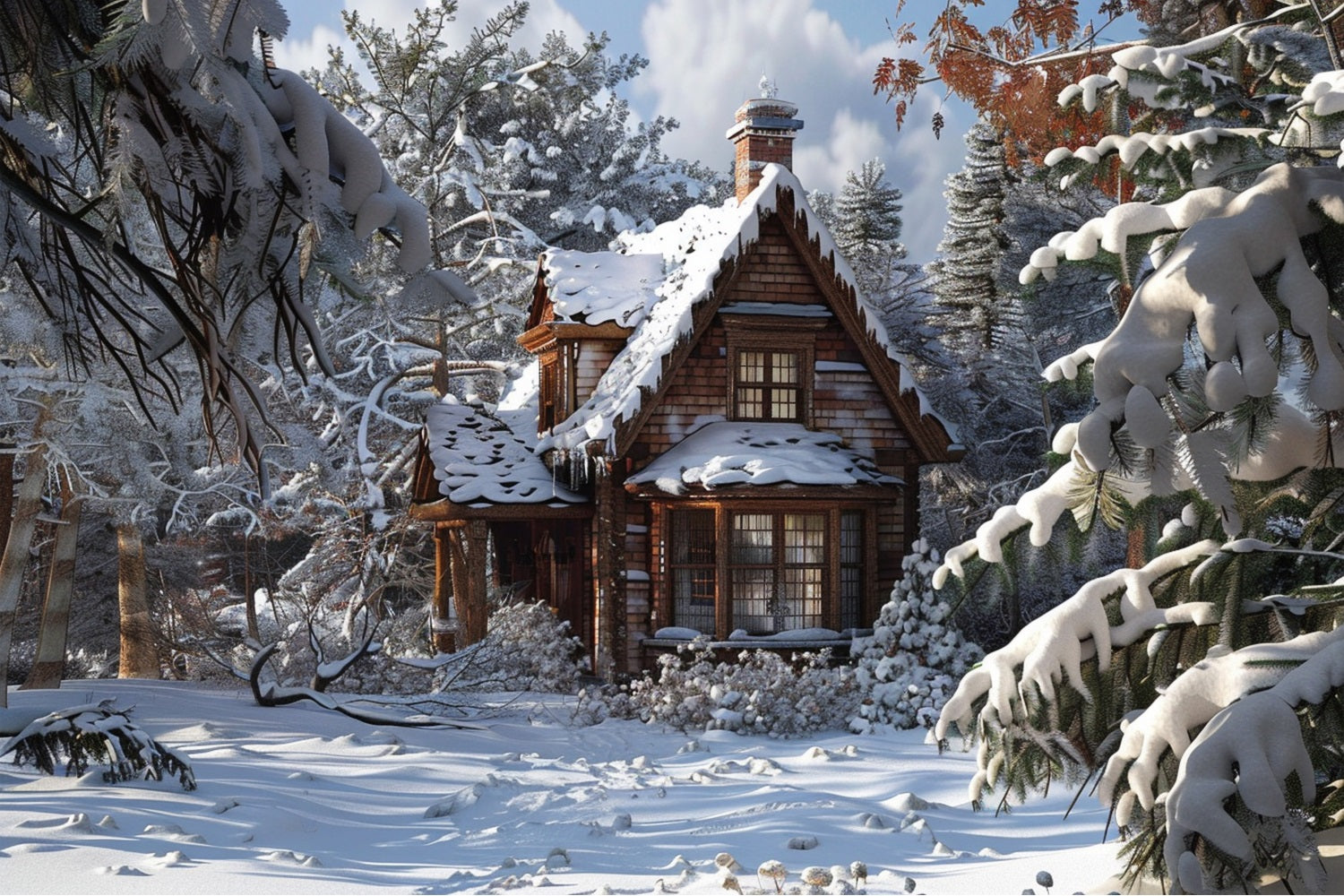 Winter Fairy Tale Cabin Amid Frosty Pines Backdrop UK BRP9-367