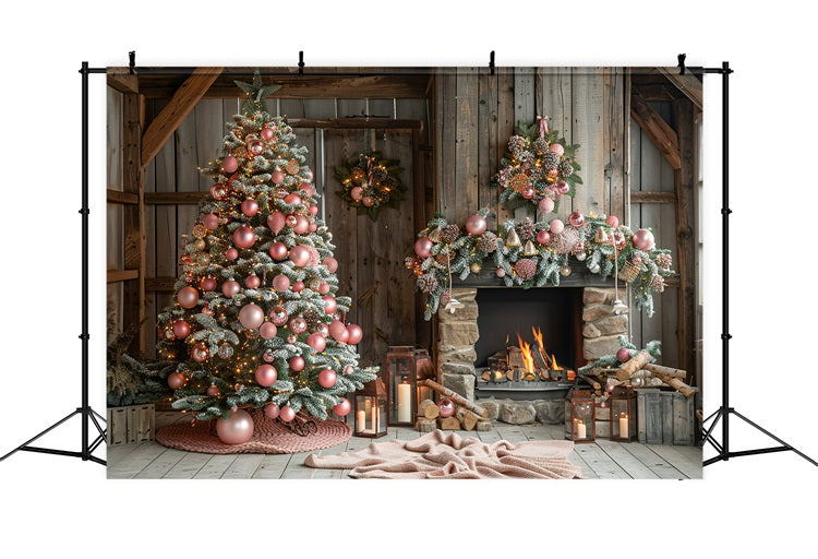 Cozy Pink Christmas Tree Fireplace Winter Backdrop UK BRP9-368