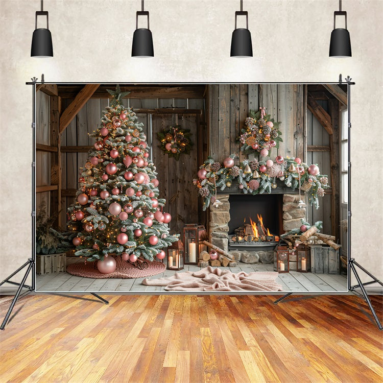 Cozy Pink Christmas Tree Fireplace Winter Backdrop UK BRP9-368