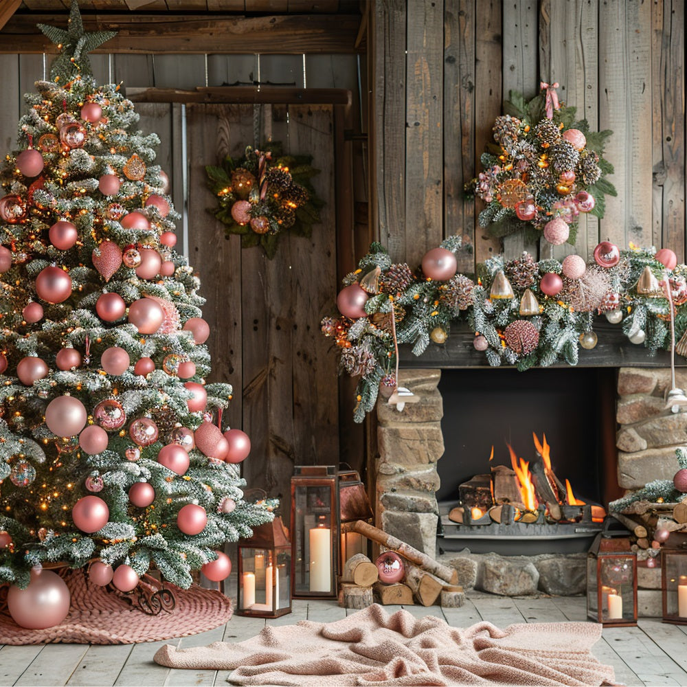 Cozy Pink Christmas Tree Fireplace Winter Backdrop UK BRP9-368