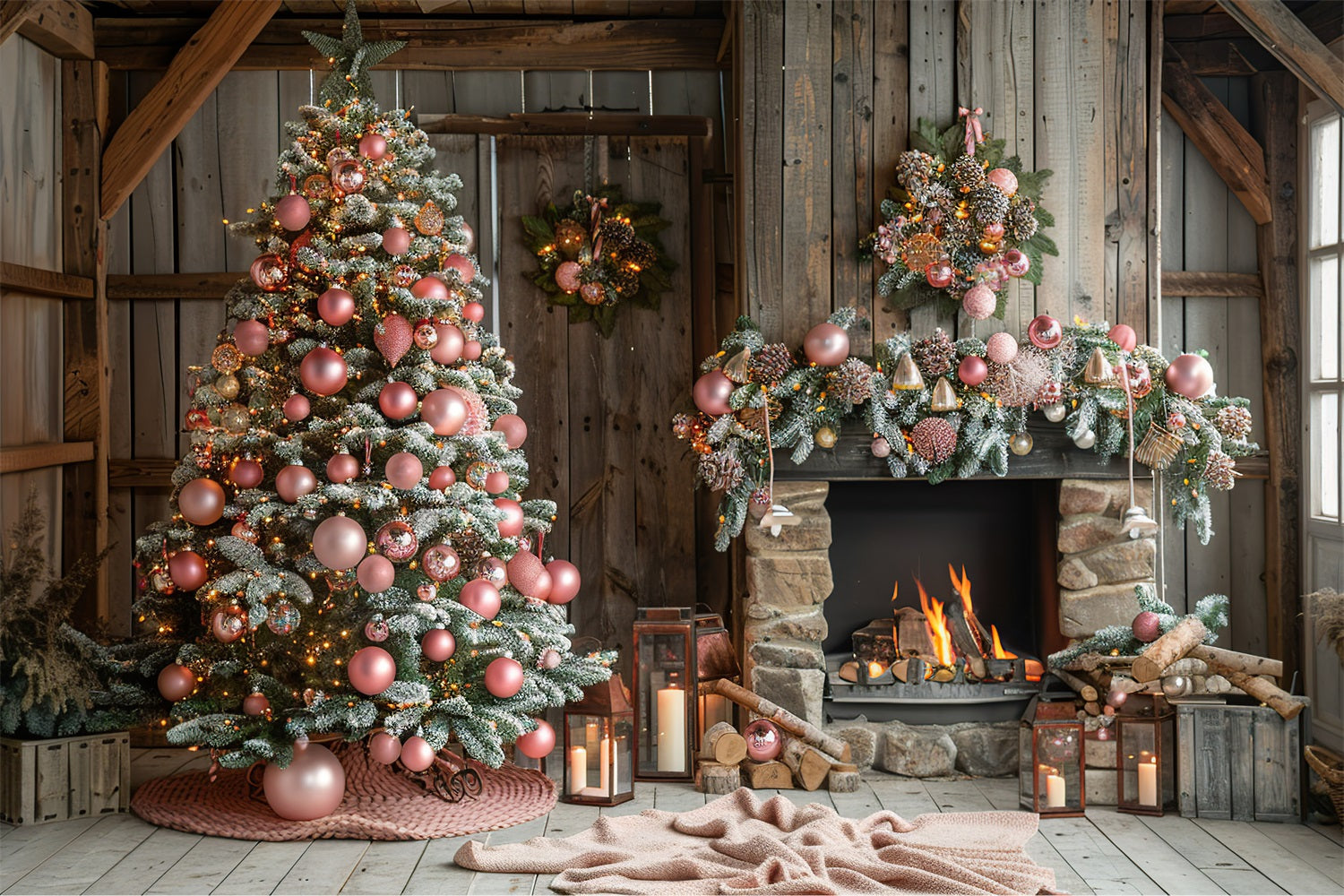 Cozy Pink Christmas Tree Fireplace Winter Backdrop UK BRP9-368