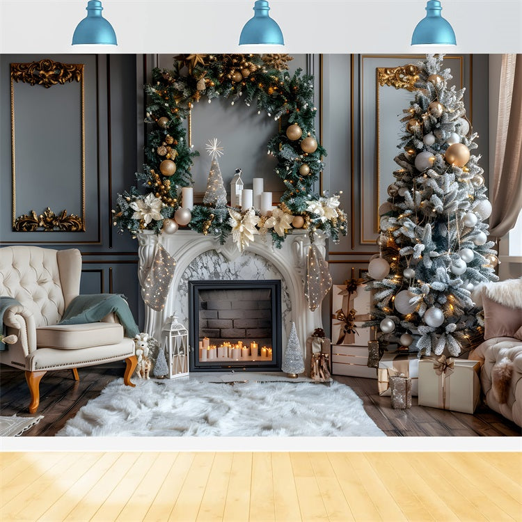 Winter Cozy Living Room Fireplace Scene Backdrop UK BRP9-369