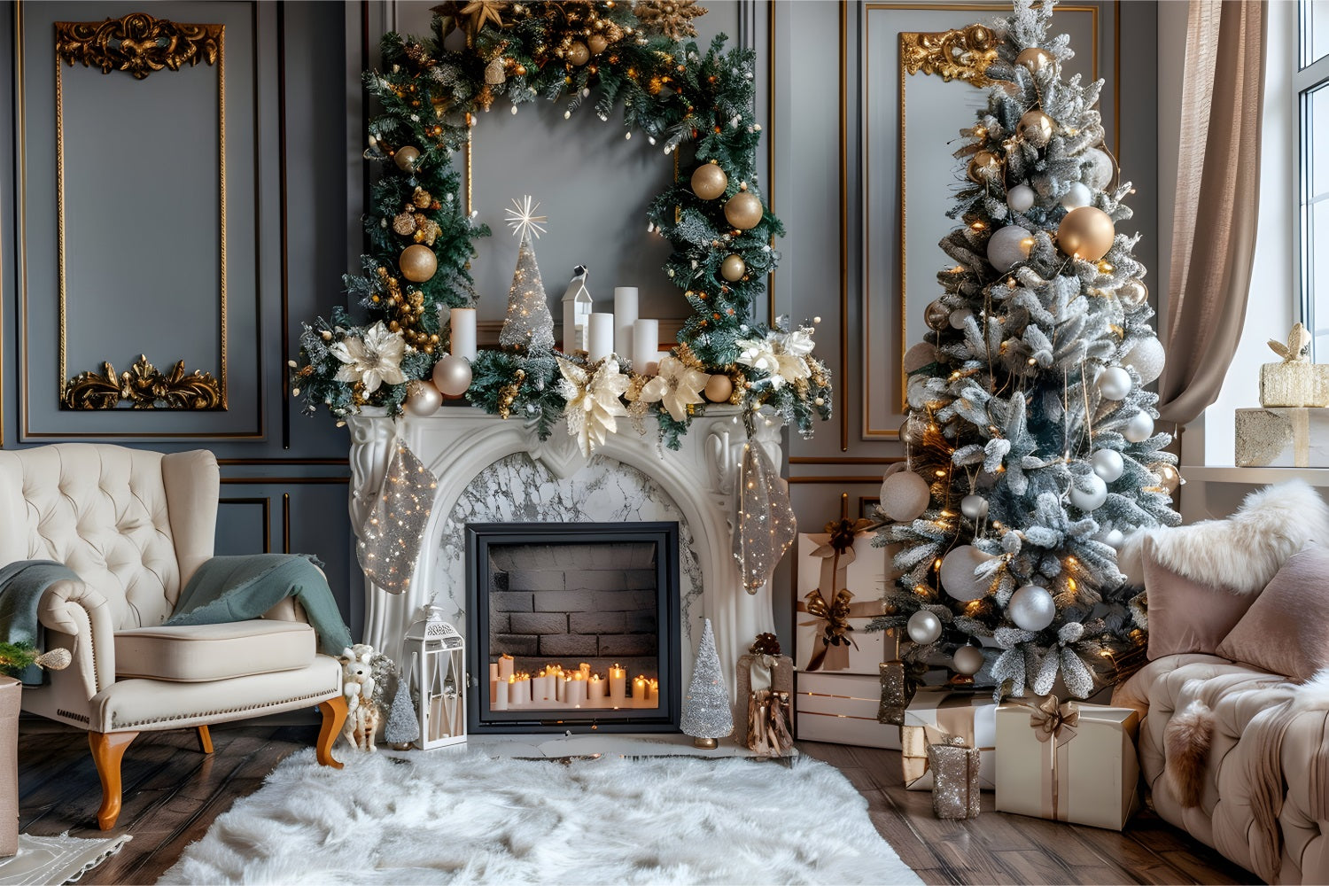 Winter Cozy Living Room Fireplace Scene Backdrop UK BRP9-369