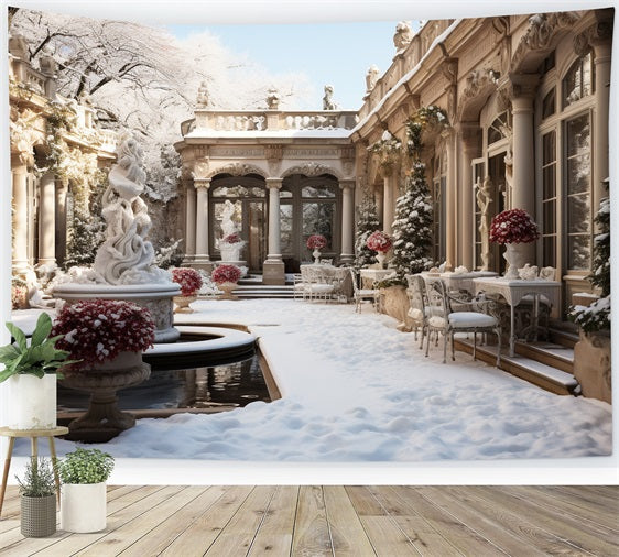 Winter Vintage Courtyard Flowers Snow Backdrop UK BRP9-371