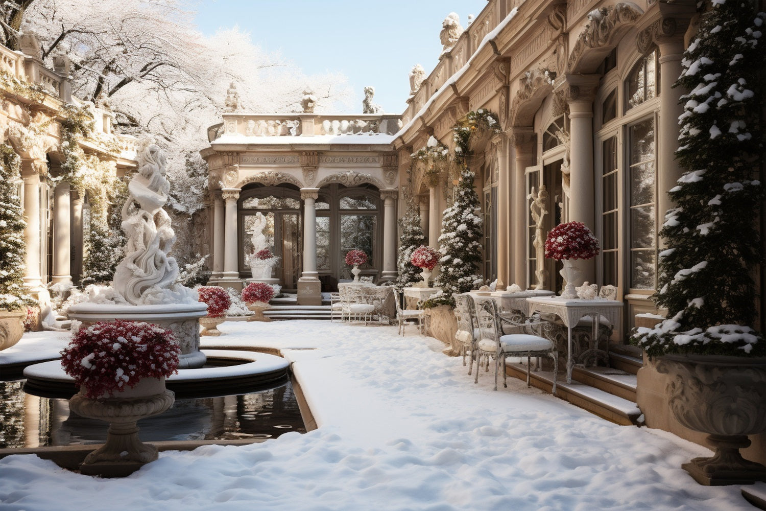 Winter Vintage Courtyard Flowers Snow Backdrop UK BRP9-371